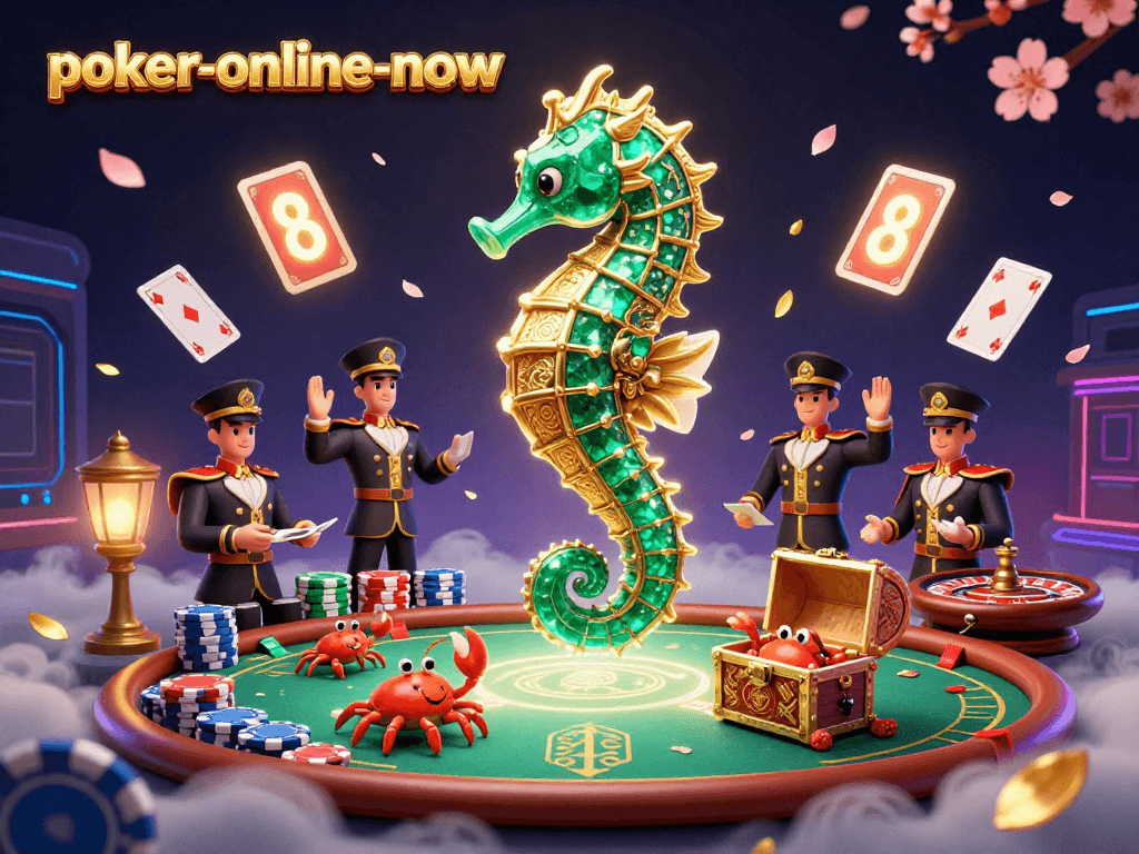 Experience the thrill of poker-online-now with vibrant cards, sea dragon, and casino elements.