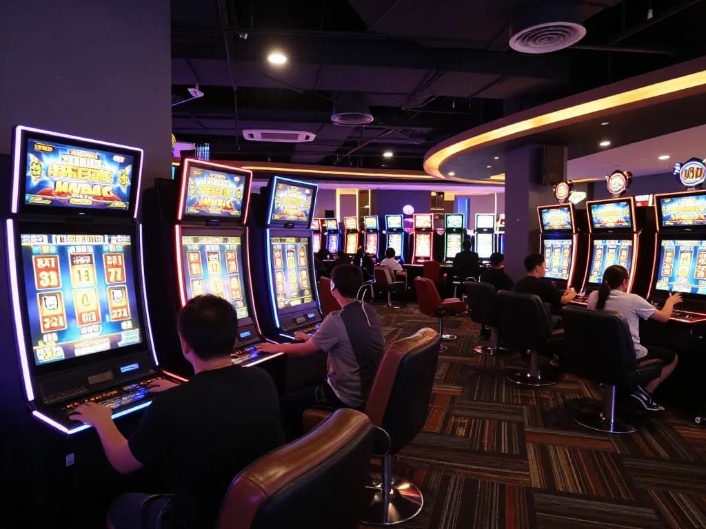 Players enjoying exciting slot gameplay at colorful digital machines in vibrant casino environment