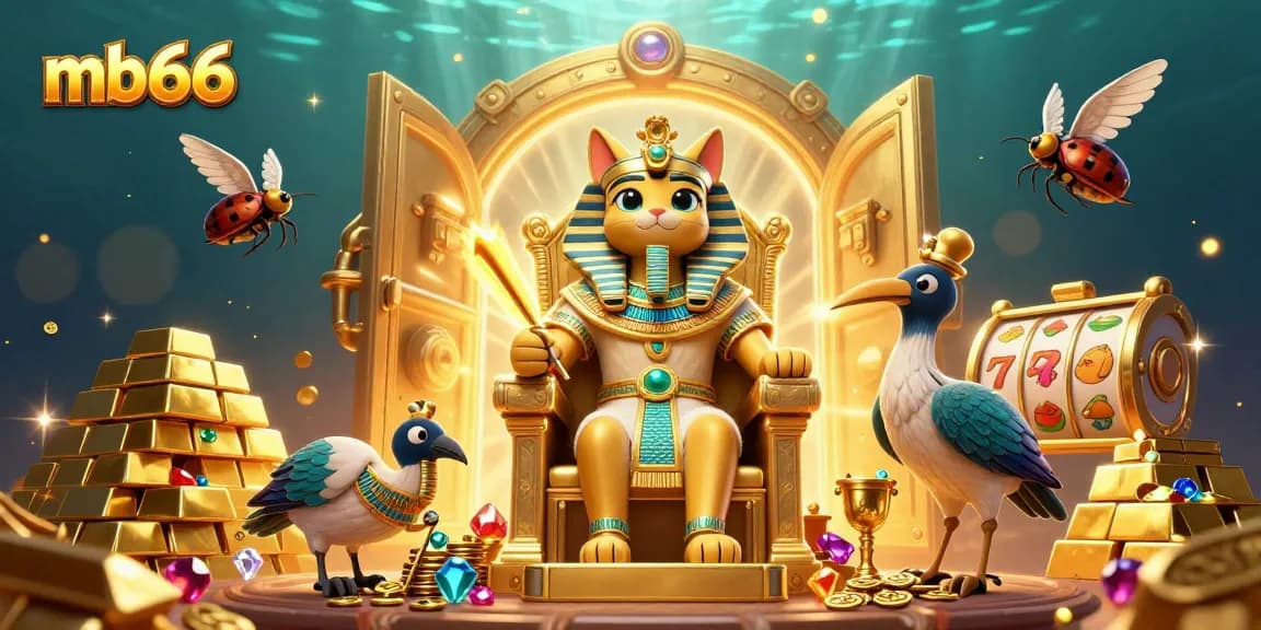 Engage with mb66 gaming’s thrilling slots, highlighted by a cartoon pharaoh cat and treasures.
