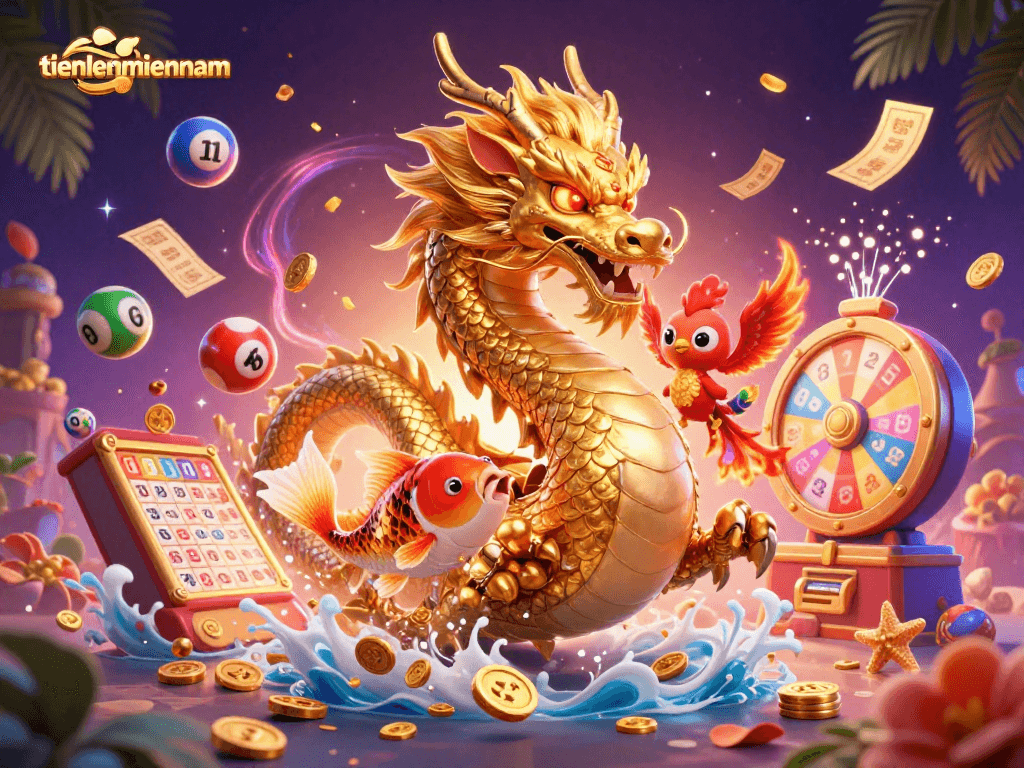 Engage in exciting gameplay with tienlenmiennam's dynamic gambling scene featuring vibrant characters and elements.