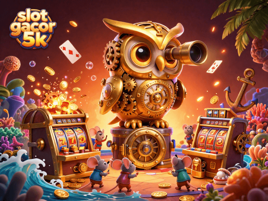 Engage in vibrant gameplay with slot gacor 5k amidst a lively 3D casino scene filled with treasures.