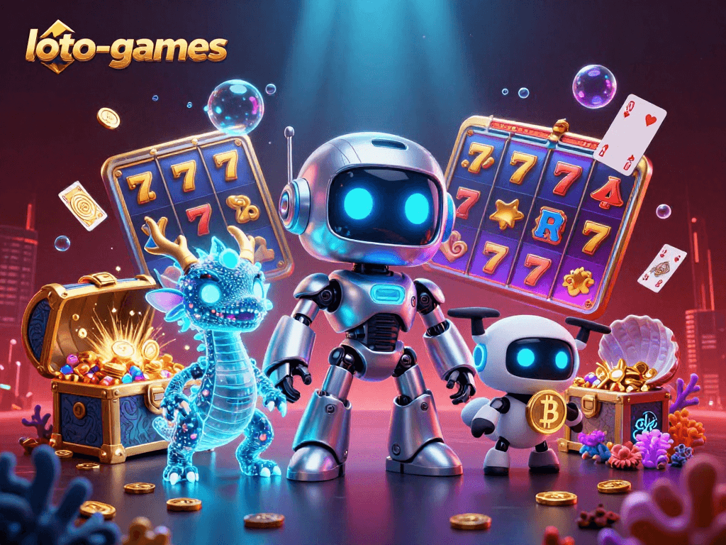 Experience the thrill of loto-games with a cyberpunk casino scene featuring vibrant slots and jackpot treasures.