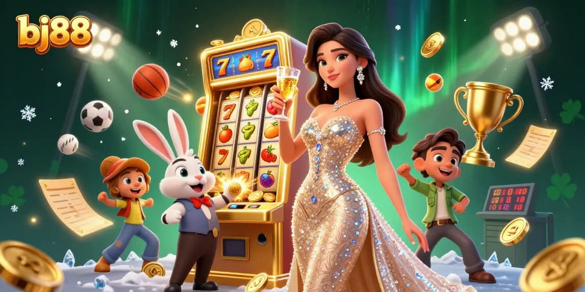Experience thrilling wins at bj88, where a glamorous woman celebrates beside a jackpot slot machine and dynamic gameplay elements.