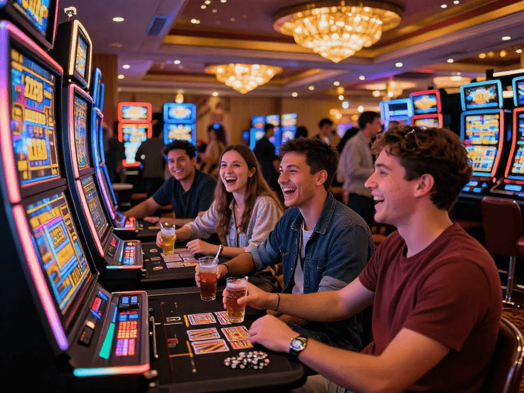 Group enjoying the bro138 slot in a lively casino environment with neon lights and excitement.