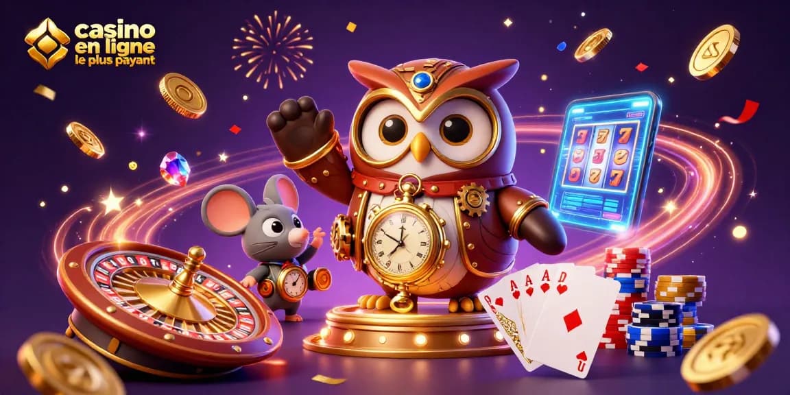 Visuel captivant de casino en ligne le plus payant, mettant en valeur un hibou steampunk et des éléments de jeu