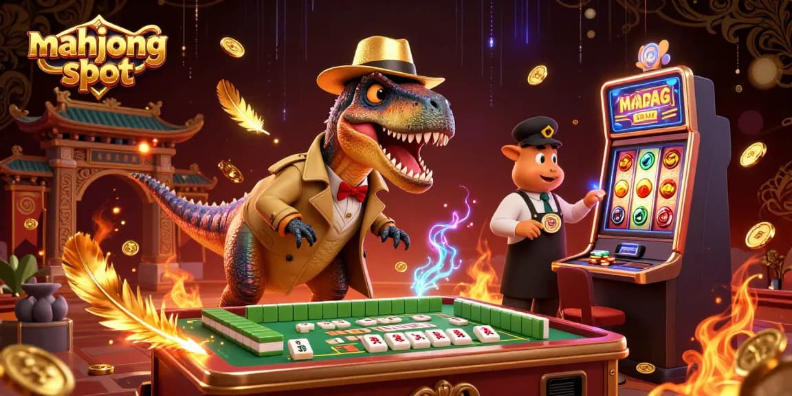 Play mahjong slot with a thrilling 3D scene of a velociraptor card counter and stegosaurus pit boss.