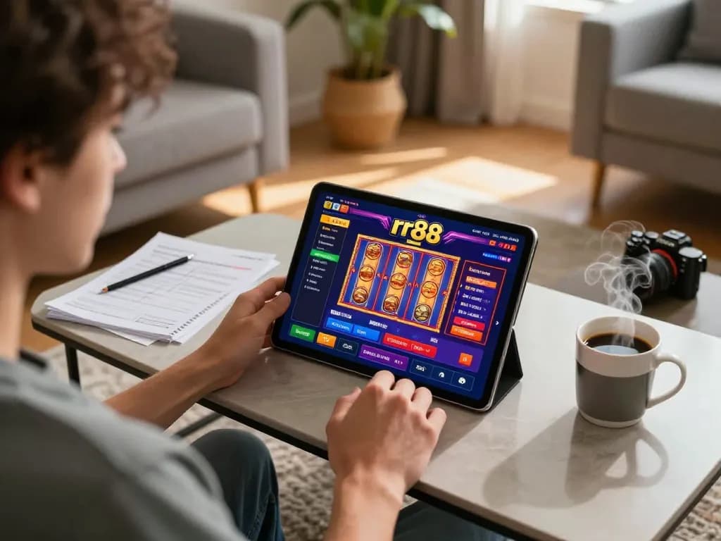 Engaged player exploring rr88 online casino app on tablet with vibrant display.