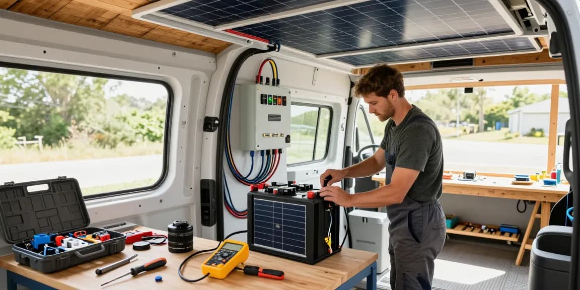 Campervan conversion with rokok 88 dual battery system installation in a workshop setting.