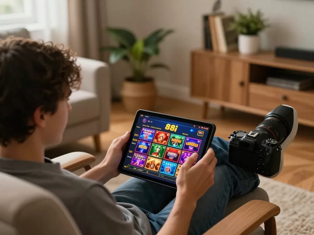 Player enjoying casino gaming on 88i app in a cozy home setting, showcasing tablet interface.