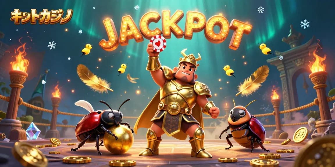 ネットカジノの勝利ポーズで盛り上がるキャラクターたちのイラスト