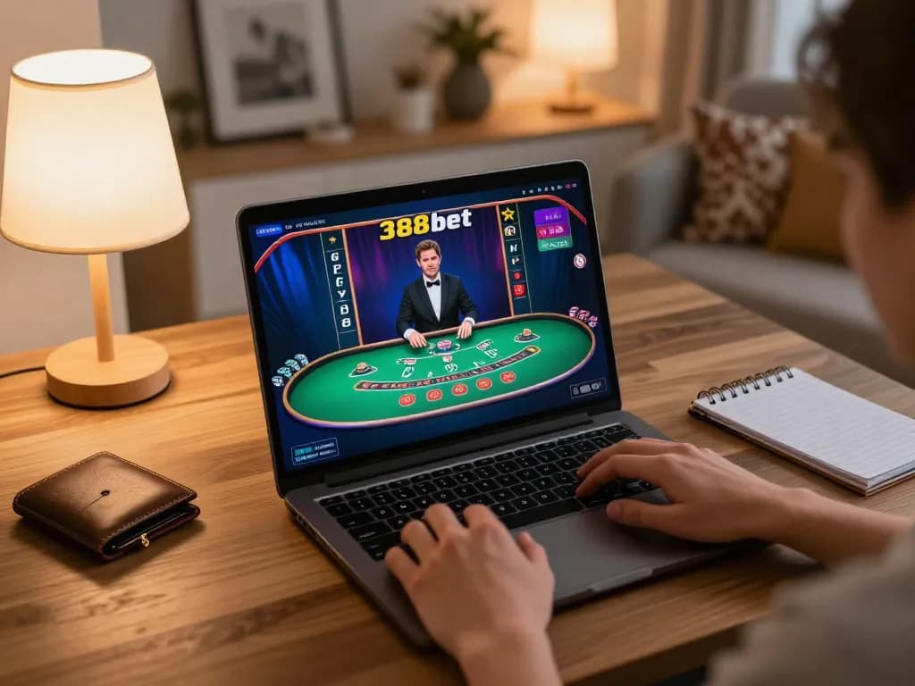 Engaging with 388bet online casino game from a cozy home setup featuring live dealer action.