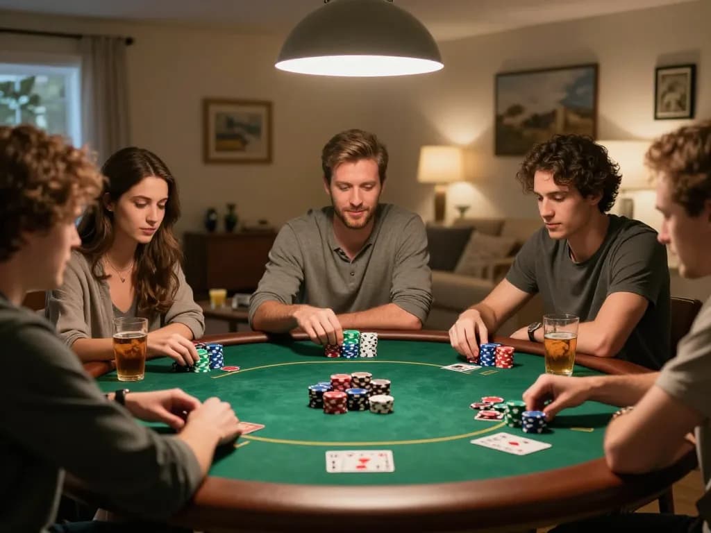 Players enjoying an exciting poker game at home while using lc88 for strategy insights and bankroll management.