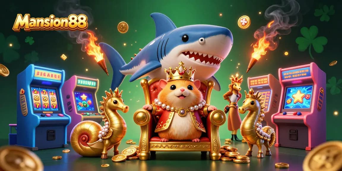 Mansion88 showcases a vibrant 3D casino scene featuring a golden hamster king on a shark throne surrounded by gaming elements.