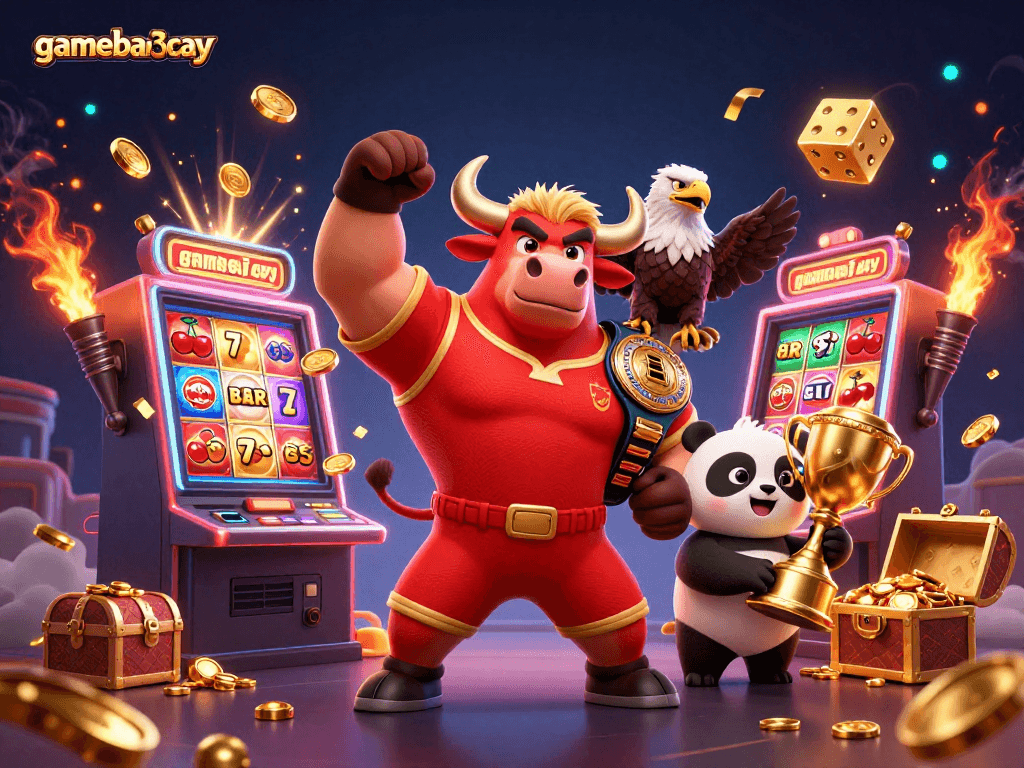 Participate in the excitement at gamebai3cay as a muscular bull and friends celebrate a jackpot!