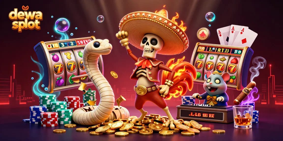 Bermain dewa slot dengan karakter kartun 3D di tengah tumpukan koin emas dan elemen mesin slot.
