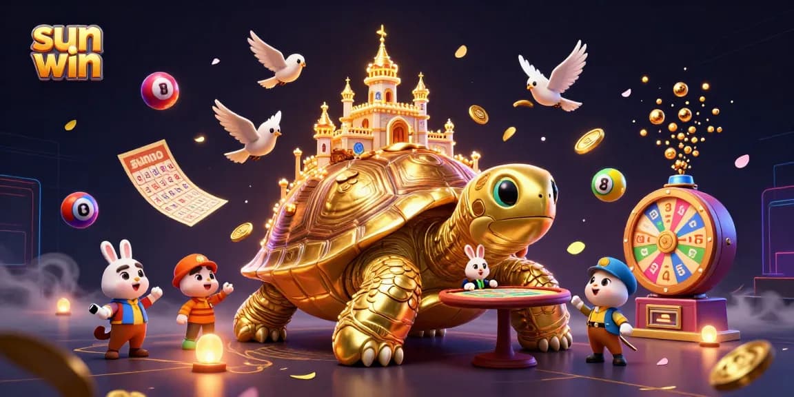 Experience sun win at a dynamic casino scene with a golden tortoise and vibrant games.