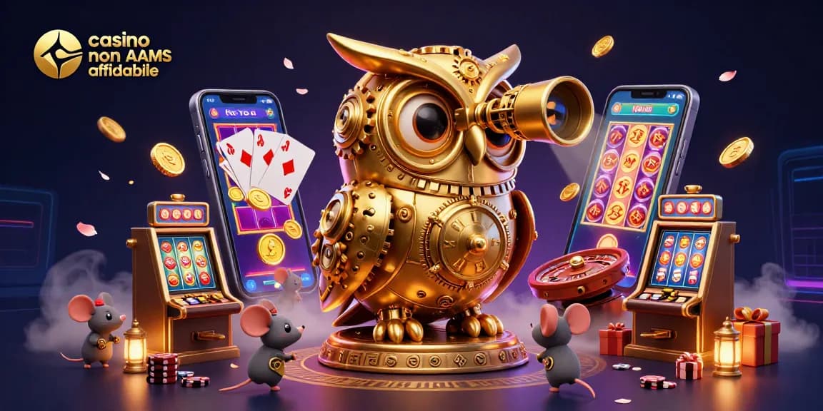 Gioca nei migliori casino non AAMS affidabile con un'illustrazione vivace di un gufo magico che esplora un mondo di giochi.
