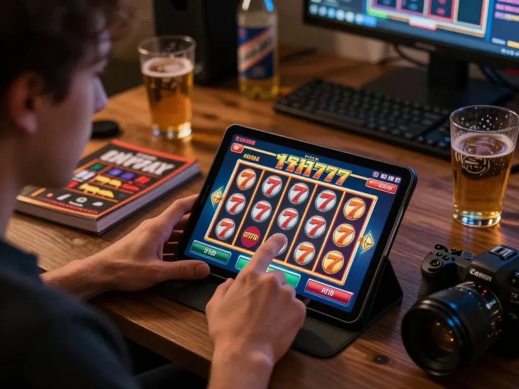 The player enjoys showing slot 777 gameplay on a tablet, illustrating a cozy online gaming experience at home.