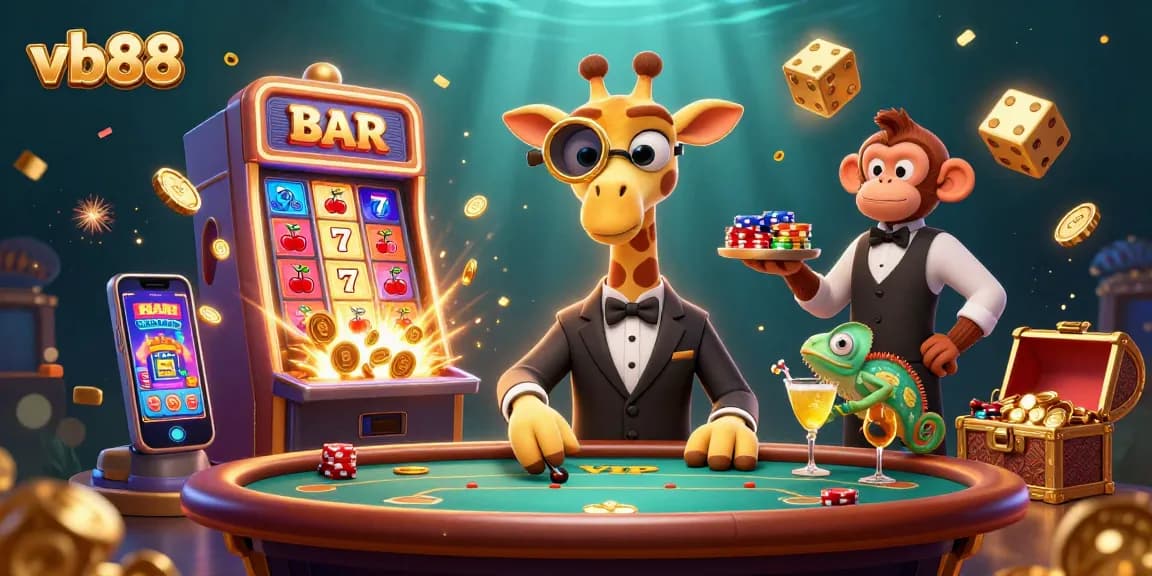 Engage in thrilling casino action at vb88 with a giraffe, monkey, and chameleon amidst jackpot excitement.