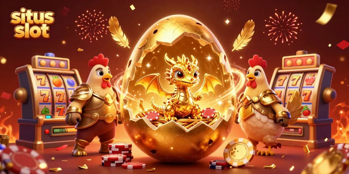Experience excitement with situs slot's vibrant 3D illustration of a golden dragon and poker chips.