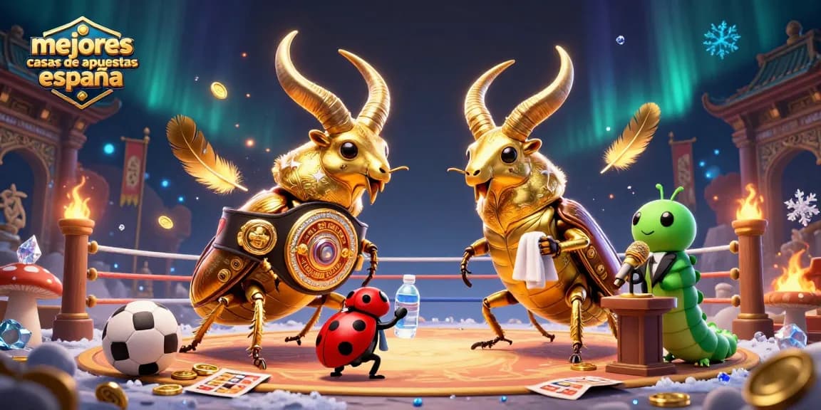 Mejores casas de apuestas España: animación vibrante con un escarabajo dorado y elementos de juego.