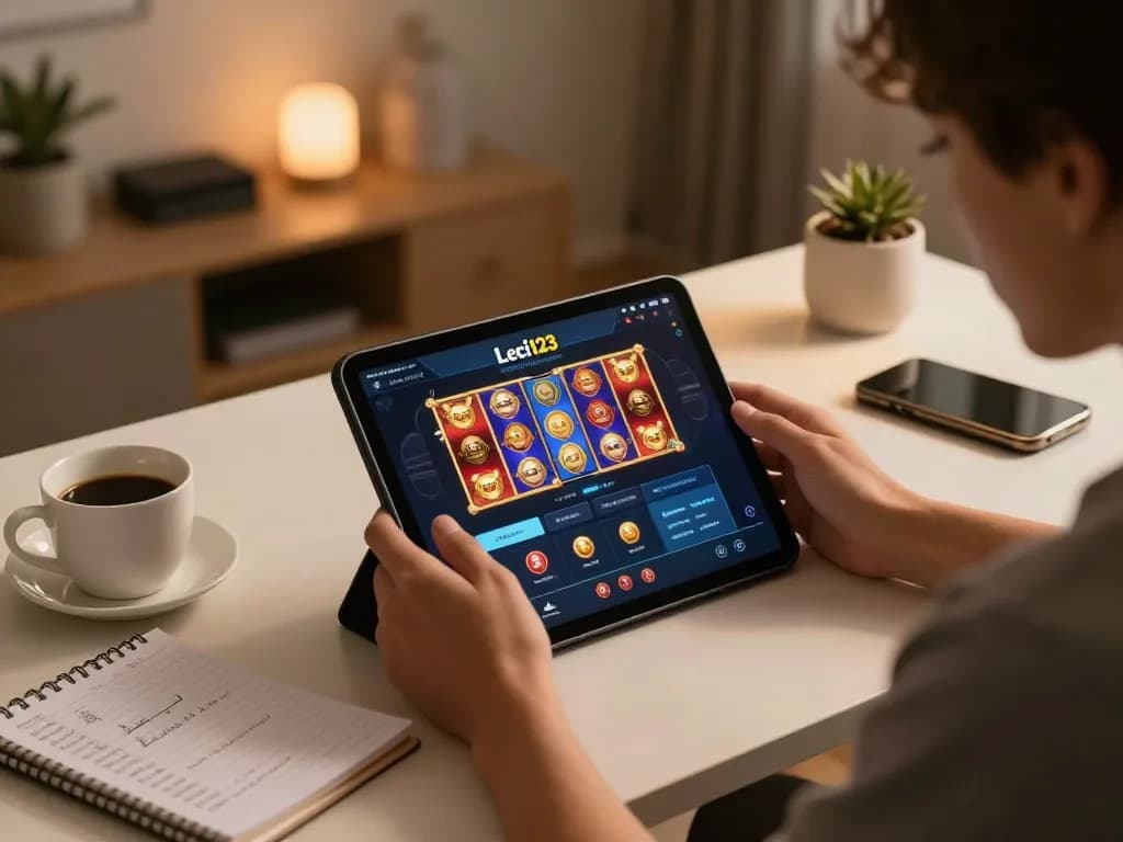 Leci123 user engaging with online casino app on a stylish desk for strategic gameplay.