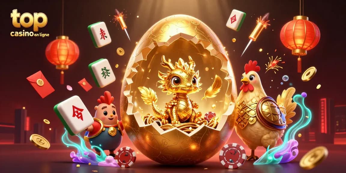 Jouez dans le meilleur casino en ligne avec un œuf d'or qui révèle un dragon en cristal sur des jetons de poker.