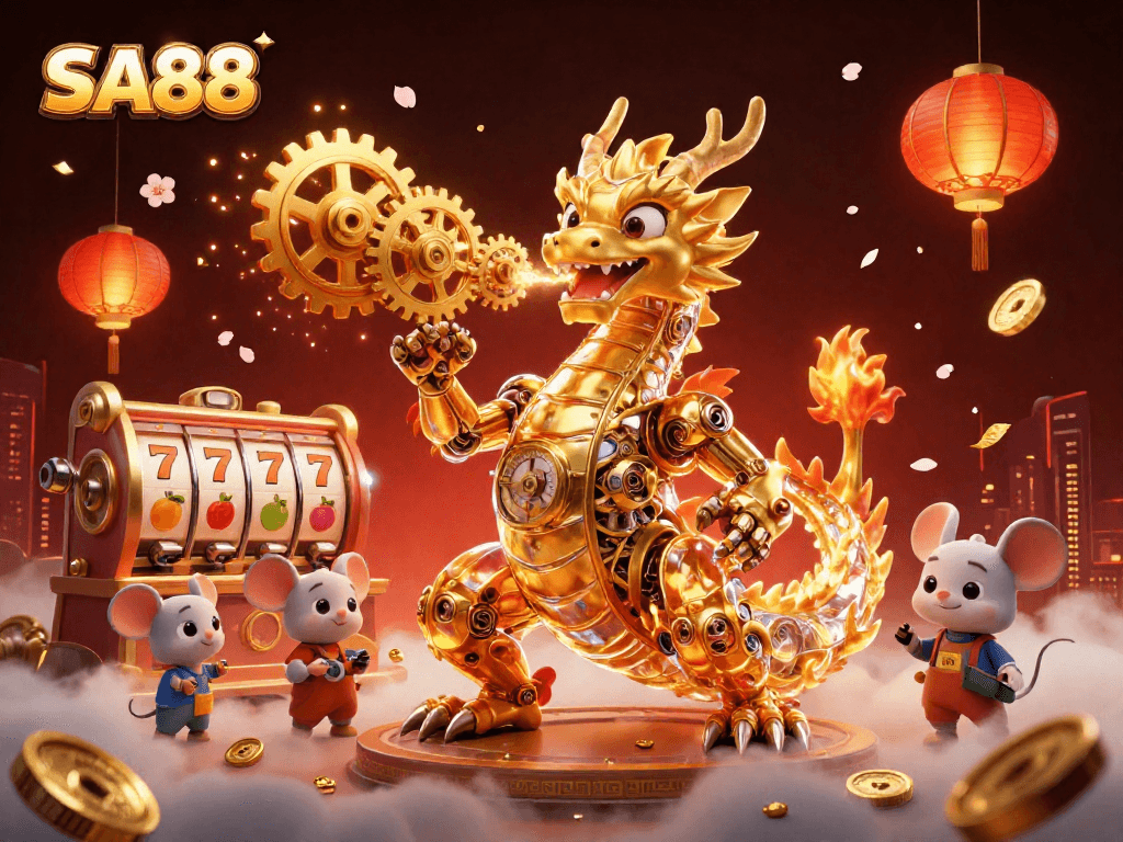 Spin the reels and win with SA88, showcasing a whimsical casino atmosphere filled with excitement.