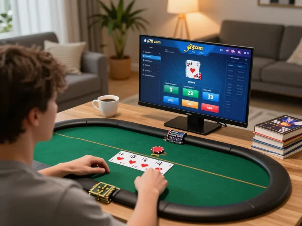 Engaged player using g28 com for online poker in a cozy living room setting.