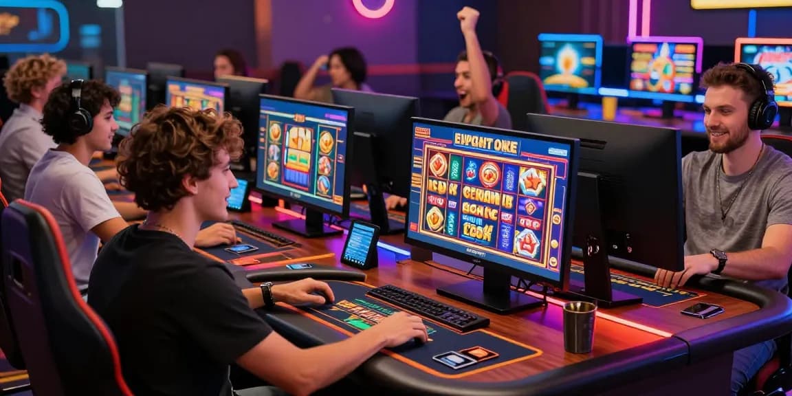 Exciting credit card casinos UK scene with players engaged in online gaming and vibrant graphics.