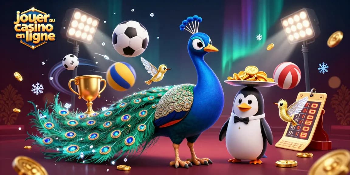 Jouer au casino en ligne avec des personnages captivants, un paon, un pingouin et un colibri, dans un décor riche.