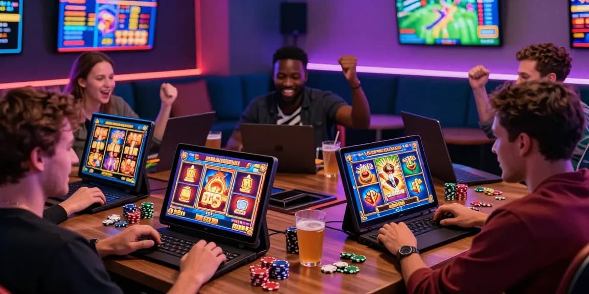 Engaged players experiencing excitement at non UK slot sites with vibrant graphics and lively atmosphere.