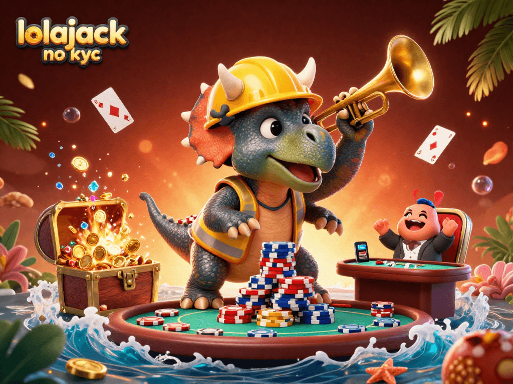 Join the fun with lolajack no kyc as a triceratops builds a poker chip pyramid in a colorful casino scene.