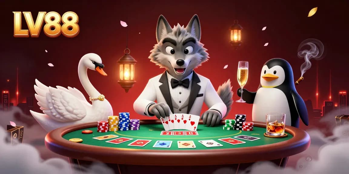 Join the lively baccarat game at LV88 featuring a charming wolf dealer, a card-dealing swan, and a penguin sommelier serving drinks.