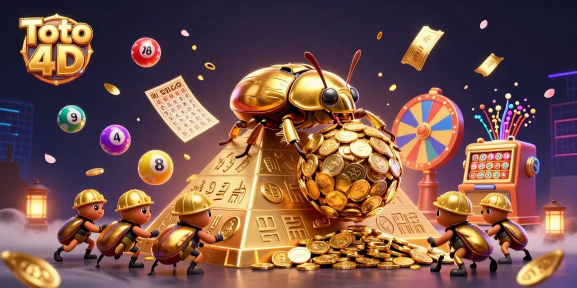 Engage with Toto 4D action as a golden beetle rolls coins amid vibrant game elements.
