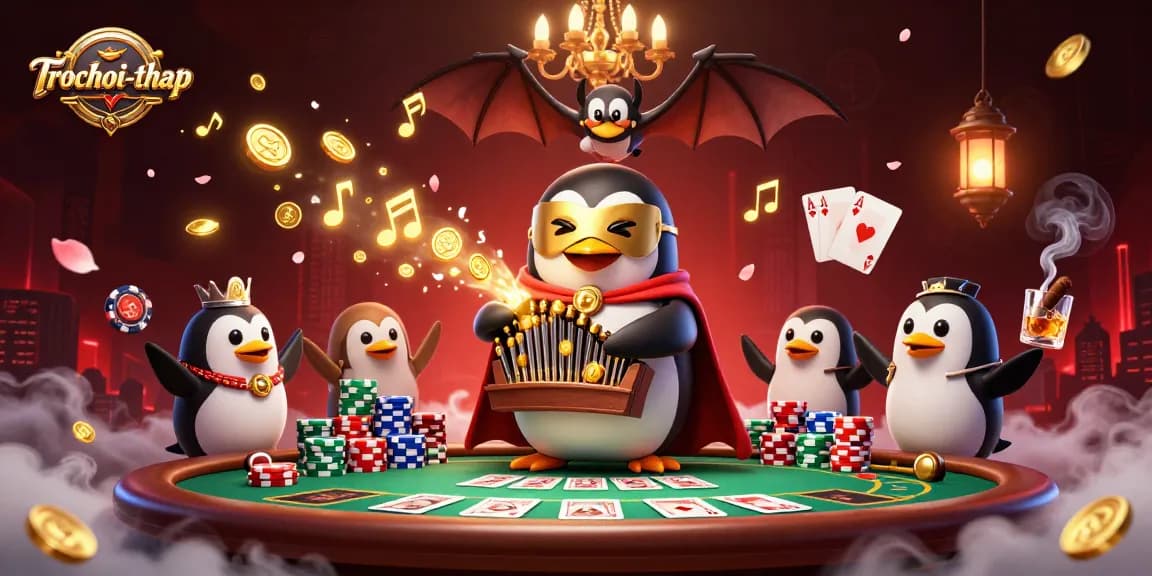 Play the thrilling trochoi-thap with a cartoon phantom penguin organist and vibrant casino elements.