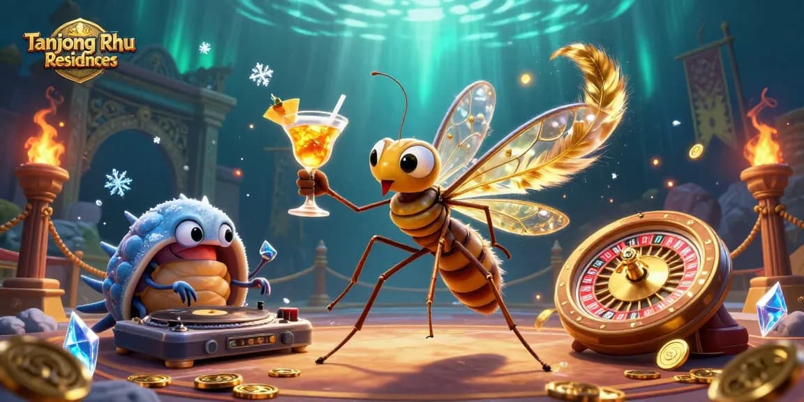 Tanjong Rhu Residences showcases a dynamic casino scene with an amber mosquito mascot and golden elements.