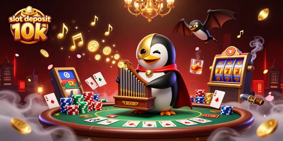 Experience the excitement of slot deposit 10k with a cartoon penguin organist and poker elements.