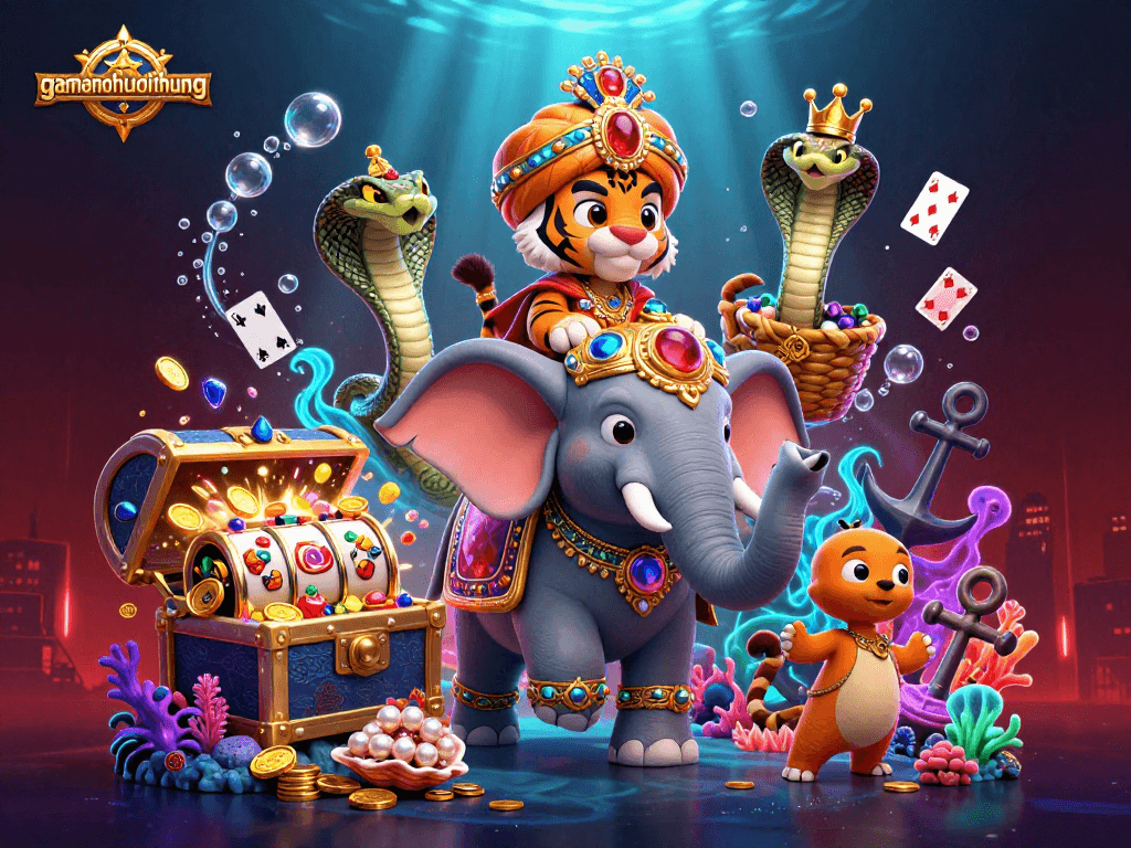 Experience thrilling slots gameplay with gamenohudoithuong's vibrant tiger and elephant in a dazzling scene.