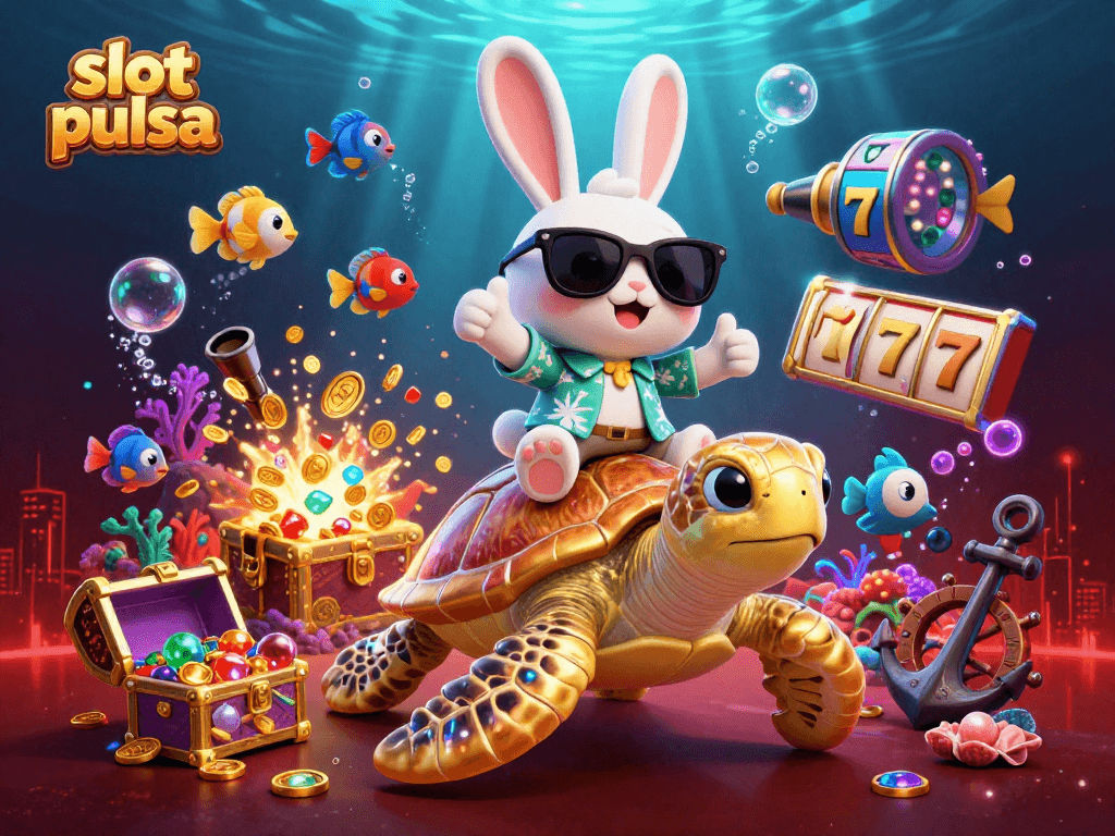 Spin slots with excitement as the lucky rabbit rides the golden turtle in a vibrant underwater scene.