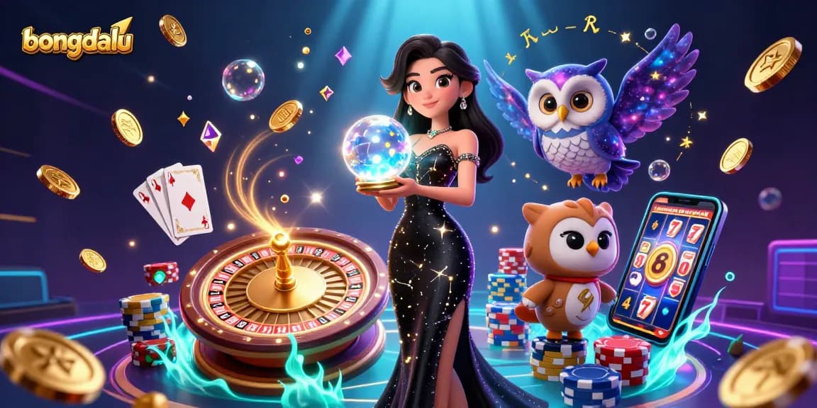 Engage with dynamic gaming action on bongdalu, featuring stunning visuals of a crystal ball, an owl, and casino elements.