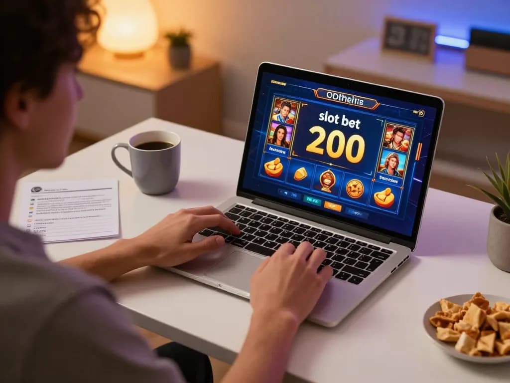 Engaging in slot bet 200 game on a laptop in a cozy home setup featuring snacks and strategy notes
