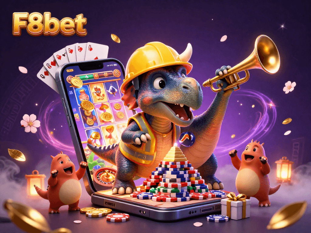 Engage with F8bet's colorful slot game, featuring a joyful triceratops, amidst cheerful compys and vibrant casino elements.