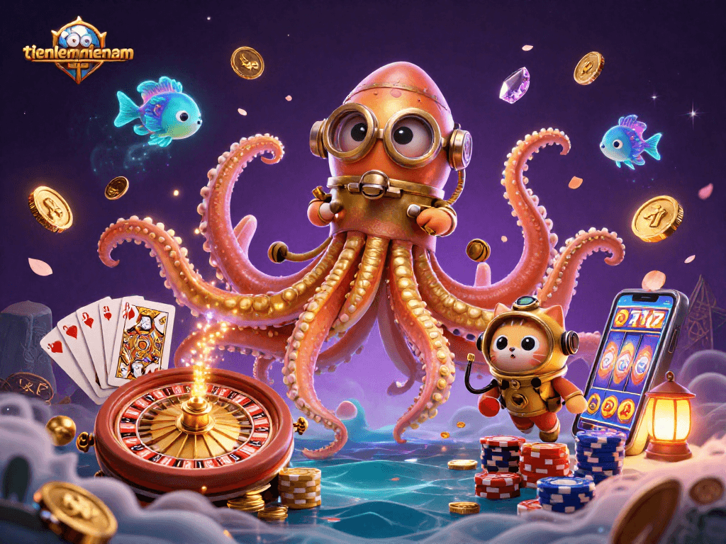 Engage in thrilling gameplay at tienlenmiennam with a kraken, cat diver, and vibrant casino elements
