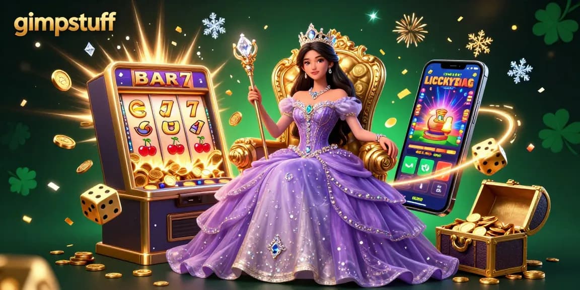 Experience the thrill of gimpstuff's jackpot with a dazzling casino scene featuring a royal princess and dynamic gaming elements.