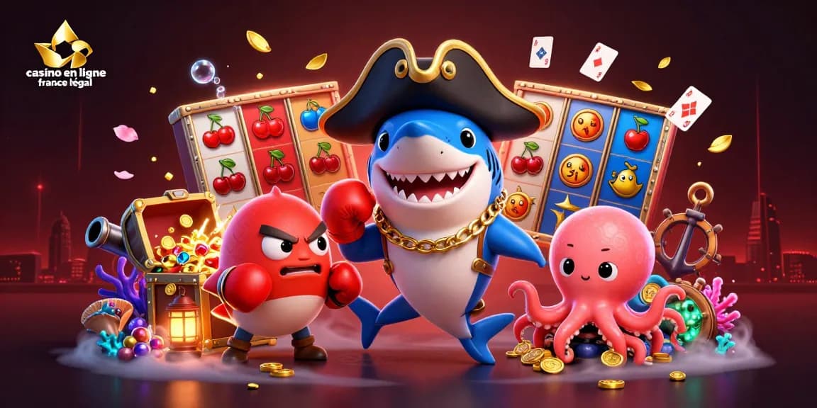 Scène engageante de casino en ligne France légal avec un requin pirate, un poisson-globe et une pieuvre, mettant en valeur des éléments de machines à sous vibrants.