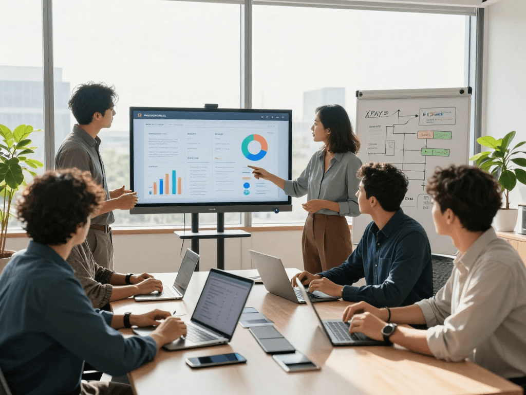 Collaborative team in a modern office discussing strategy for XPAY33 official site success.