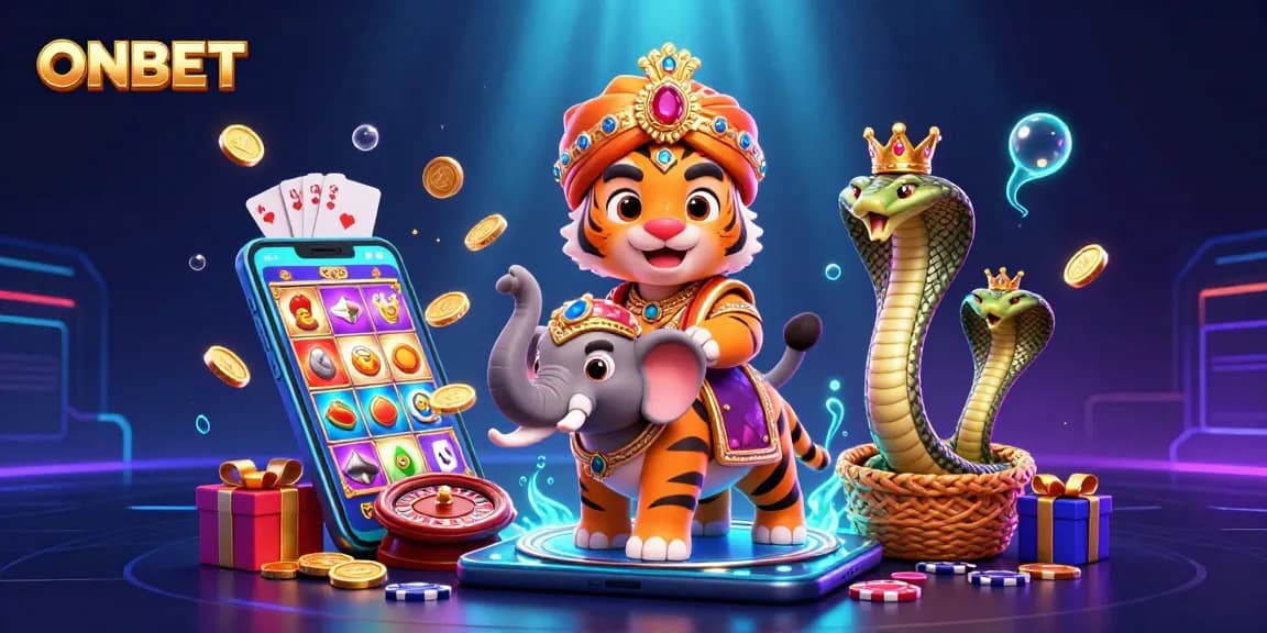 Engage in thrilling wins at ONBET, featuring a vibrant scene of a tiger maharaja, jewel-encrusted elephant, and exciting casino elements.