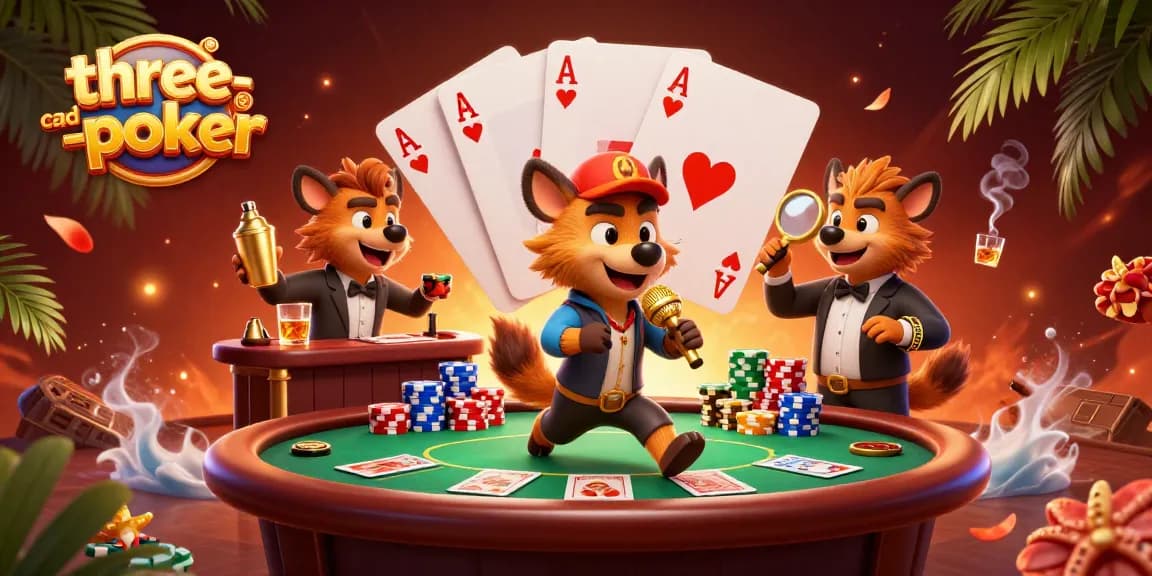 Engage in three-card-poker with dynamic hyenas entertaining in a vibrant casino atmosphere.