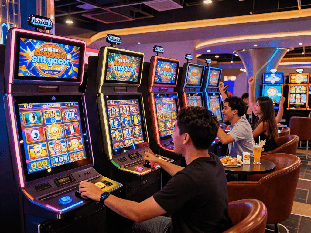Dynamic scene of players in a vibrant bandar slot gacor casino environment celebrating wins amidst colorful slot machines.